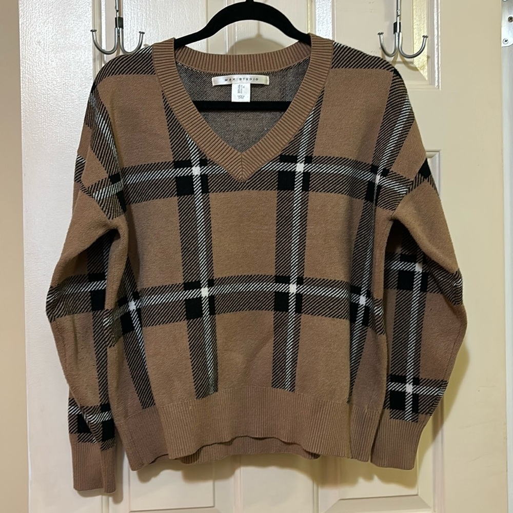 Max Studio V-Neck Sweater. Brown and Black “Burberry” style plaid